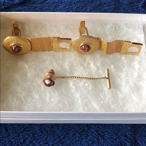 Vintage Gold Chain red stone cuff links tie pin